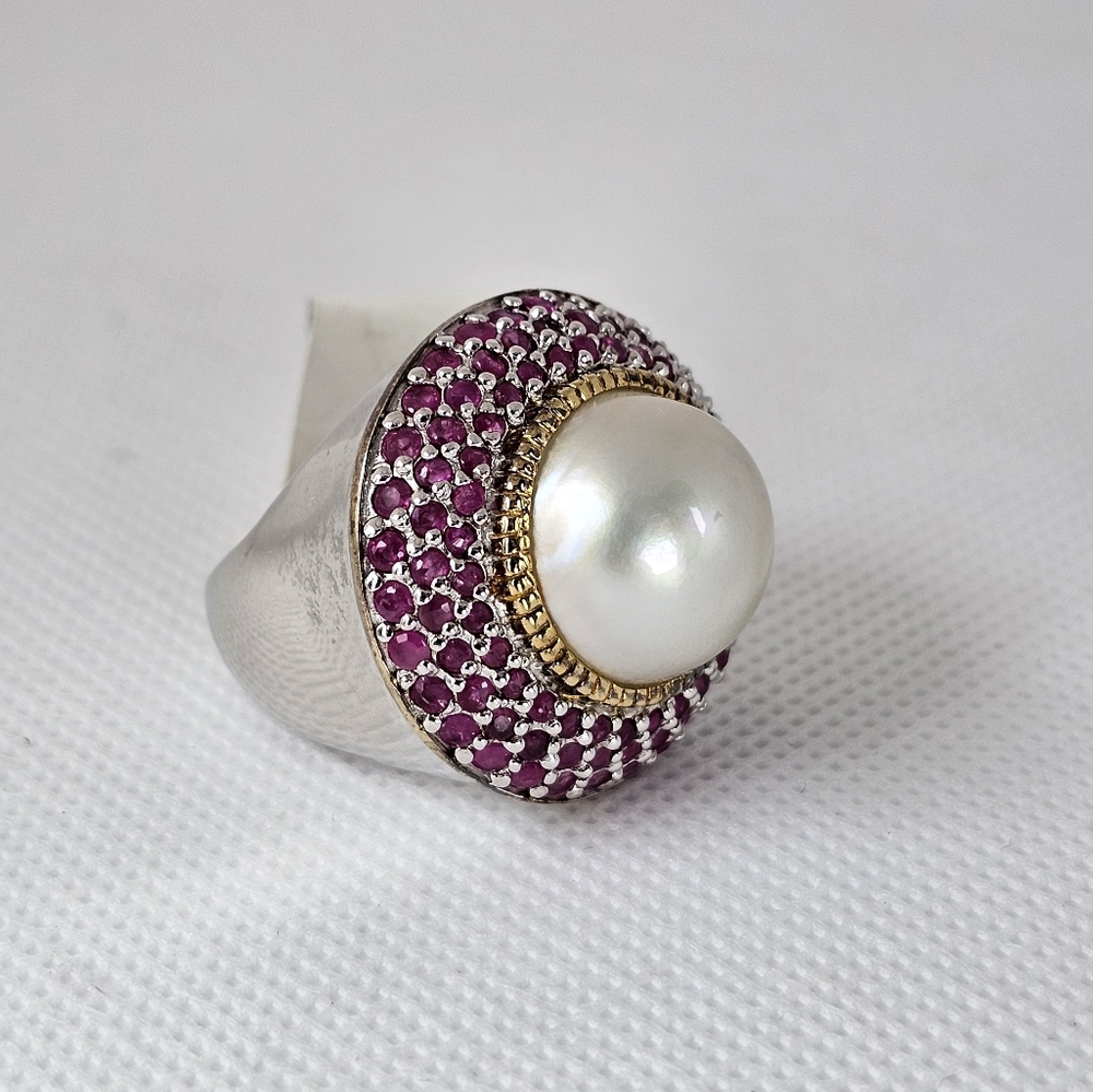Genuine Cultured Pearl & Rubies in Sterling Silver Ring. Size 7 - Picture 3 of 9